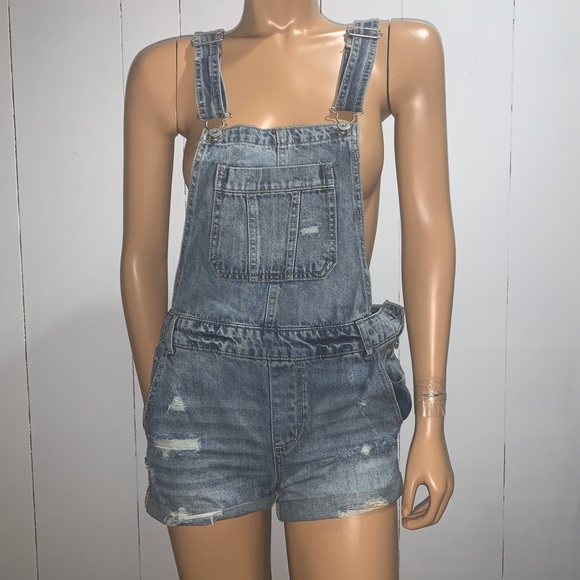 Distressed denim overall shorts - Picture 1 of 2